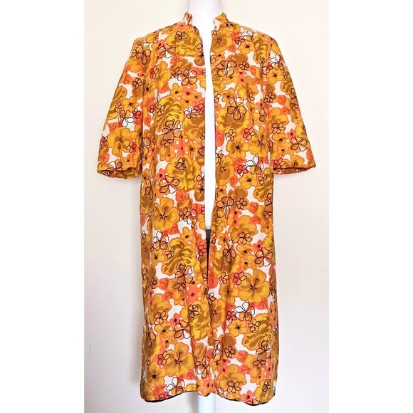 Vtg Hawaiian Barkcloth Handmade Midi Coat Gold Coral Floral Elbow  Sleeve Sz M - Picture 4 of 16